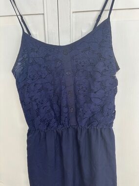 Navy Lace Button-Front Spaghetti Strap Dress